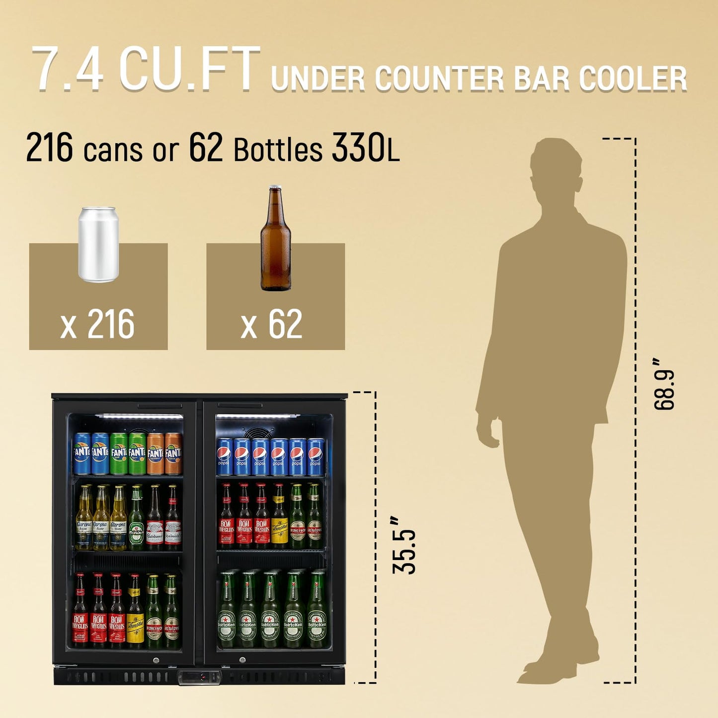 Bluelinecool Commercial Back Bar Cooler with 2 Glass Doors, 7.4 cu.ft Under Counter Beverage Refrigerator, LED Lighting - ETL Certified Beer and Wine Cooler for Bar, Restaurant, Garage, Office, Home