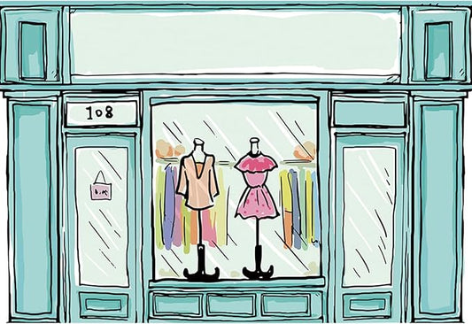 8x6ft Cartoon Clothing Store Backdrop Green Theme Shopping Mall Merchandise Window Dress High-Heeled Shoes Jewelry Photogr...