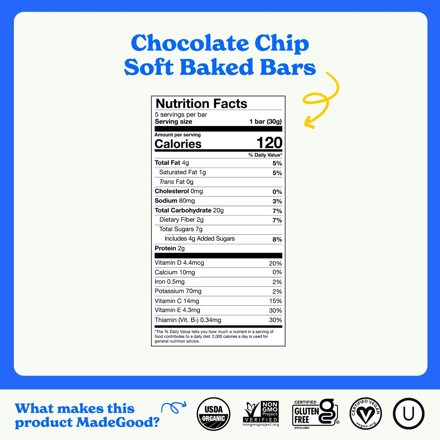 MadeGood Mornings Soft Baked Breakfast Bars, Chocolate Chip, 1.06 Oz (30 Count) Gluten Free Snacks