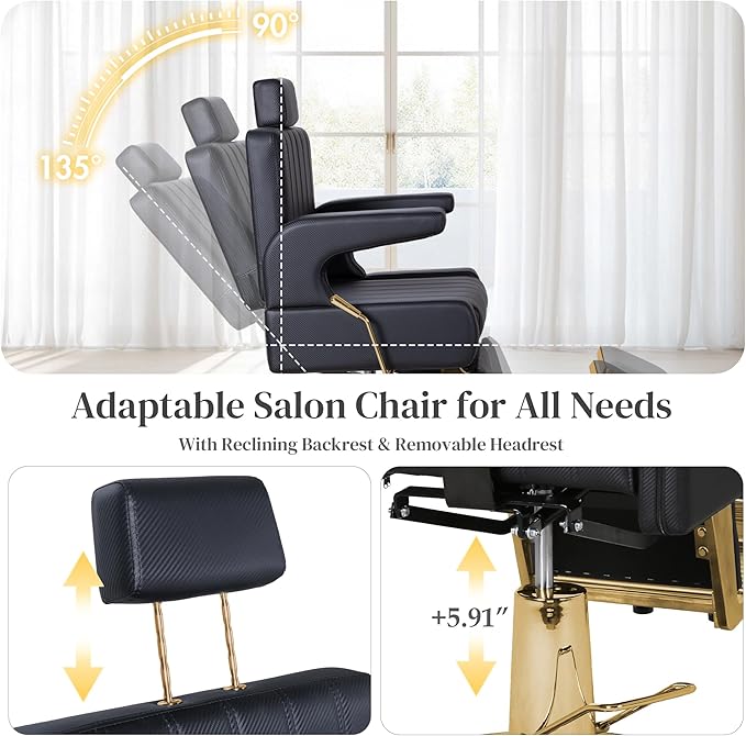FHFO Barber Salon Hair Chairs for Barbershop, Hydraulic Barber Chair 360° Swivel Reclining, Adjustable PU Leather Beauty Salon Chair for Barbershop Spa Black/Gold