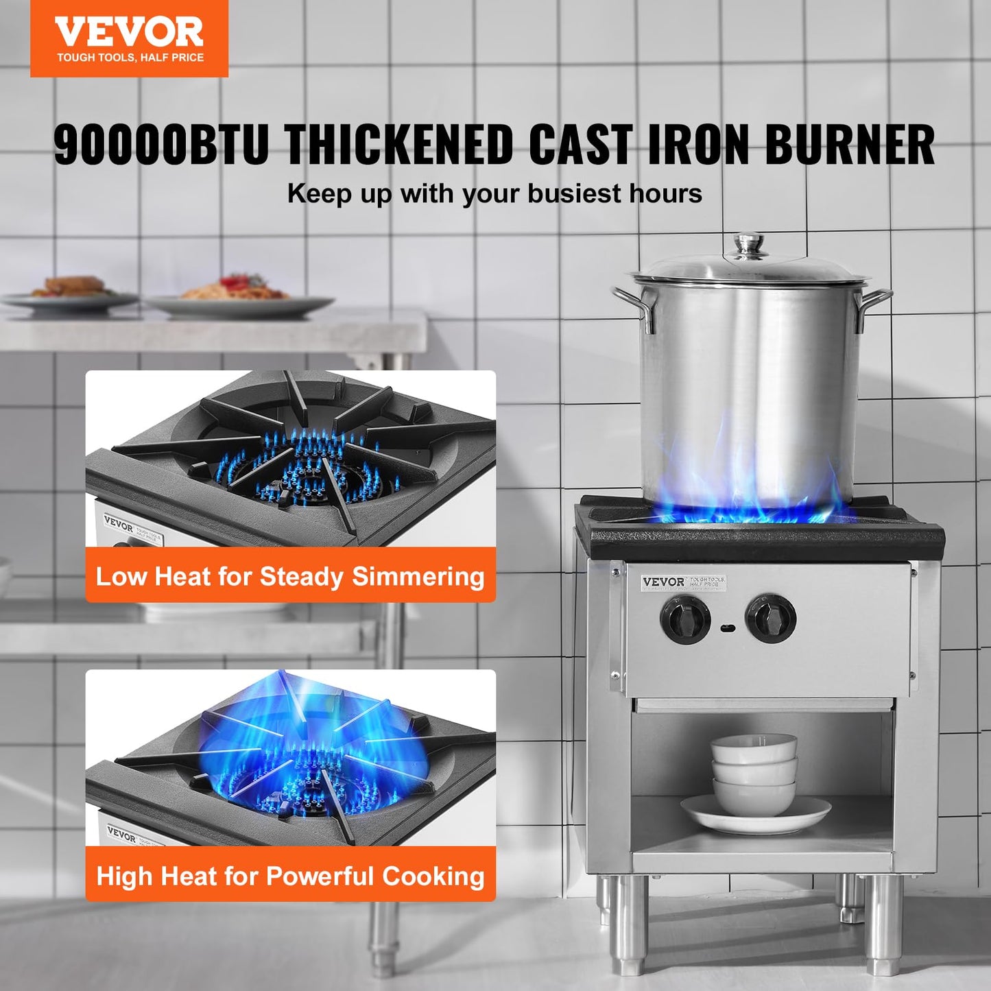 VEVOR Commercial Gas Stove with Cabinet, Propane and Natural Gas Countertop Cooking Stove Range, Stainless Steel Gas Hot Plate, Commercial Cooking Equipment for Restaurant, 90,000 BTU