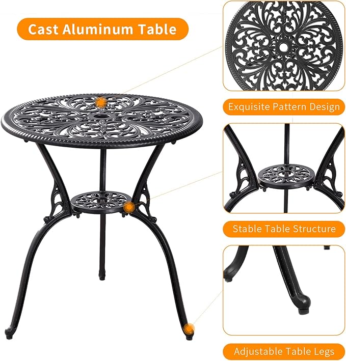 Withniture Outdoor Bistro Set 3 Piece Patio Bistro Set, Cast Aluminum Bistro Table and Chairs Set of 2, Small Patio Table Set for Porch, Black
