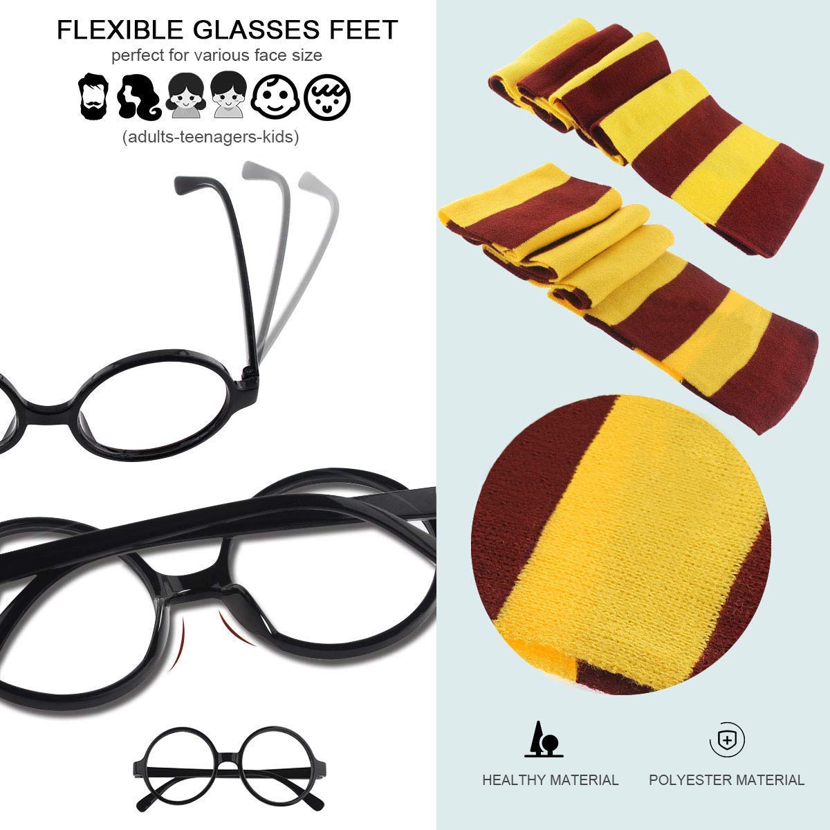 Novelty Scarf Wizard Glasses with Round Frame No Lenses 12 PCs Lightning Bolt Tattoos for Kids Christmas Birthday Party Cosplay Costume Accessories