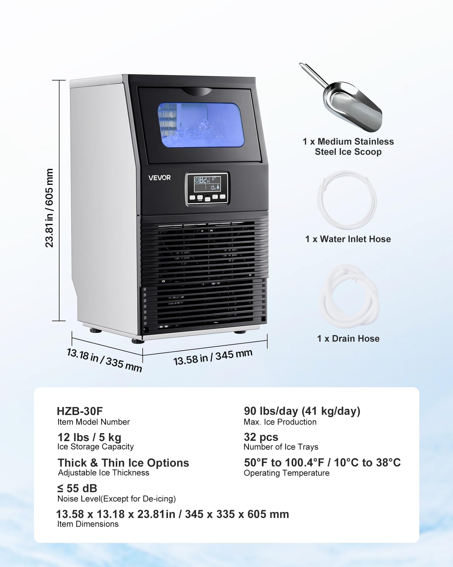 VEVOR Commercial Ice Maker Machine, 90 lbs/24h with 12Lbs Storage, 2 Water Inlet Modes, Stainless Steel Freestanding & Countertop Ice Maker with LED Display & Self-Cleaning, for Home Bar Restaurant