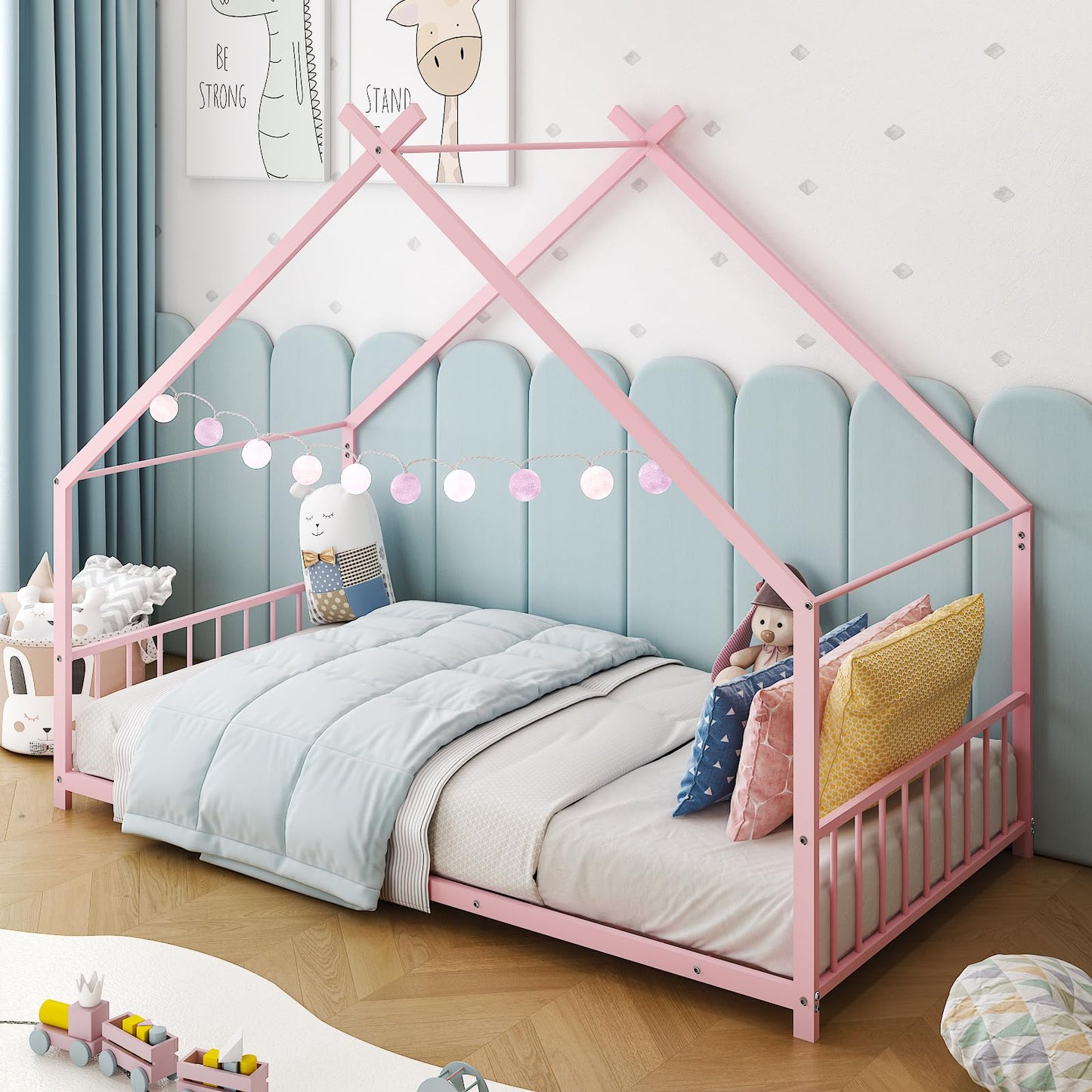Ynredee Twin Wood House Bed,Floor Bed with Wood Slats,Metal Canopy Frame,Platform Bed with Headboard & Footboard for Boys Girls Teens,No Box Spring Needed (Pink)