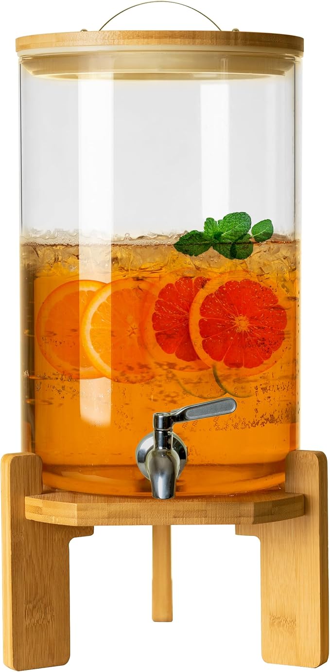 L'ÉPICÉA Glass Drink Dispenser Wood Stand, Cold Glass Beverage Dispenser for Party, Large Lemonade Dispenser Jar Spigot, ...