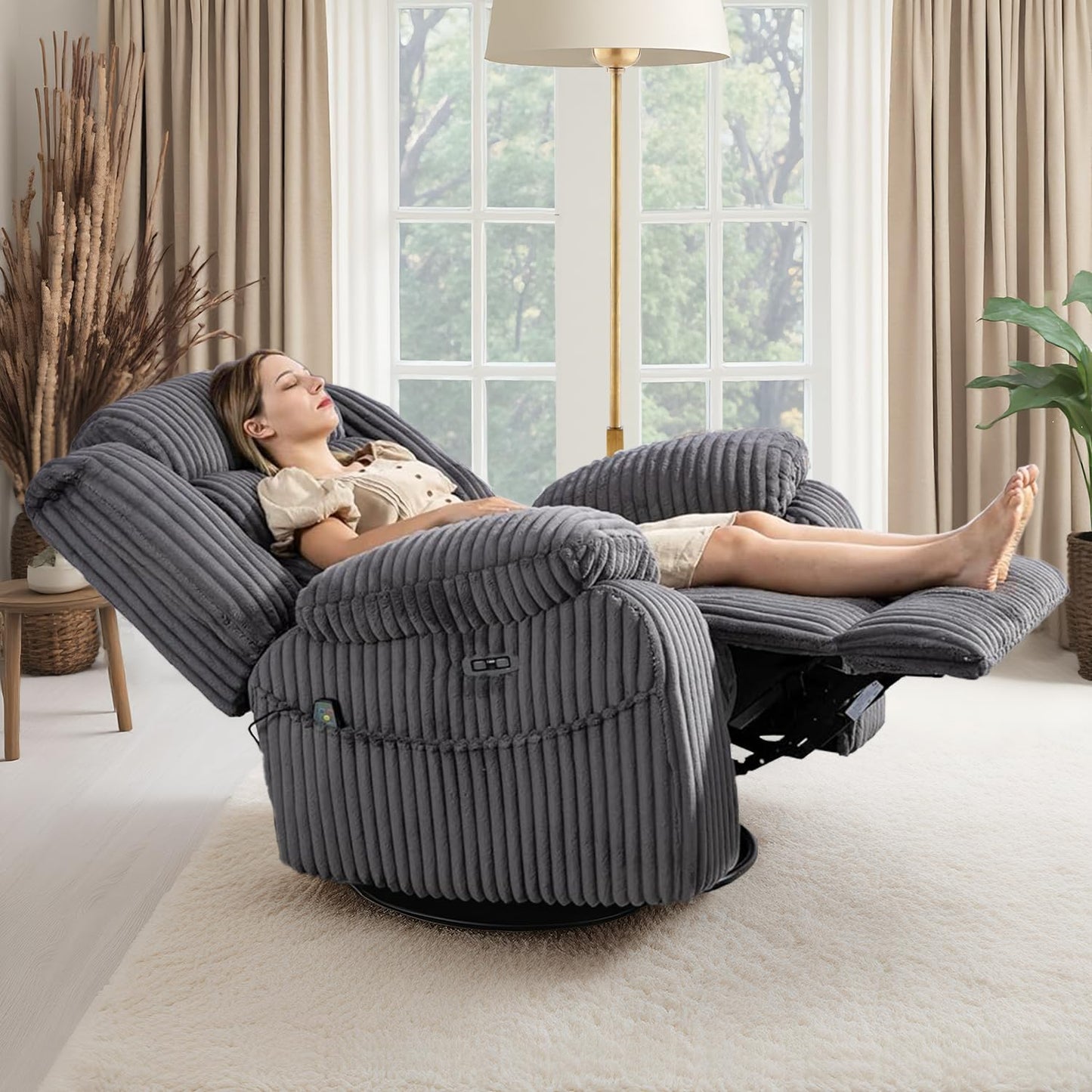 ERYE Power Reclining Chair 270° Swivel Rocker Chair W/Vibration Heat and USB-C Ports,Power Control Recliner Armchair Corduroy Upholstered Nursery Armchair for Living Room Bedroom