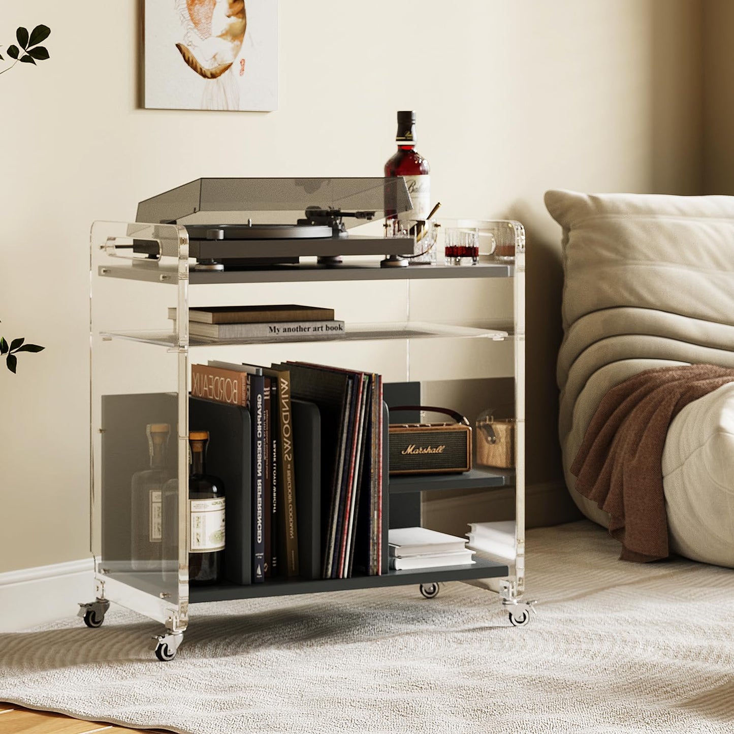 mollveesen Acrylic Record Player Stand，Vinyl Storage Holder Cabinet with Wheels，Large Turntable Stand with Shelf,Coffe Table Movable End Table Nightstand Stereo Cabinet for Living Room Bedroom Office
