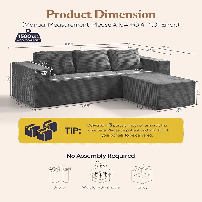 Furnify 106" Modular Sectional Sofa with L-Shape Chaise, Right/Left Facing Deep Seat Cloud Couch, No Assembly Required, Upholstered Couch for Living Room Bedroom (Plush Corduroy Fabric, Grey)