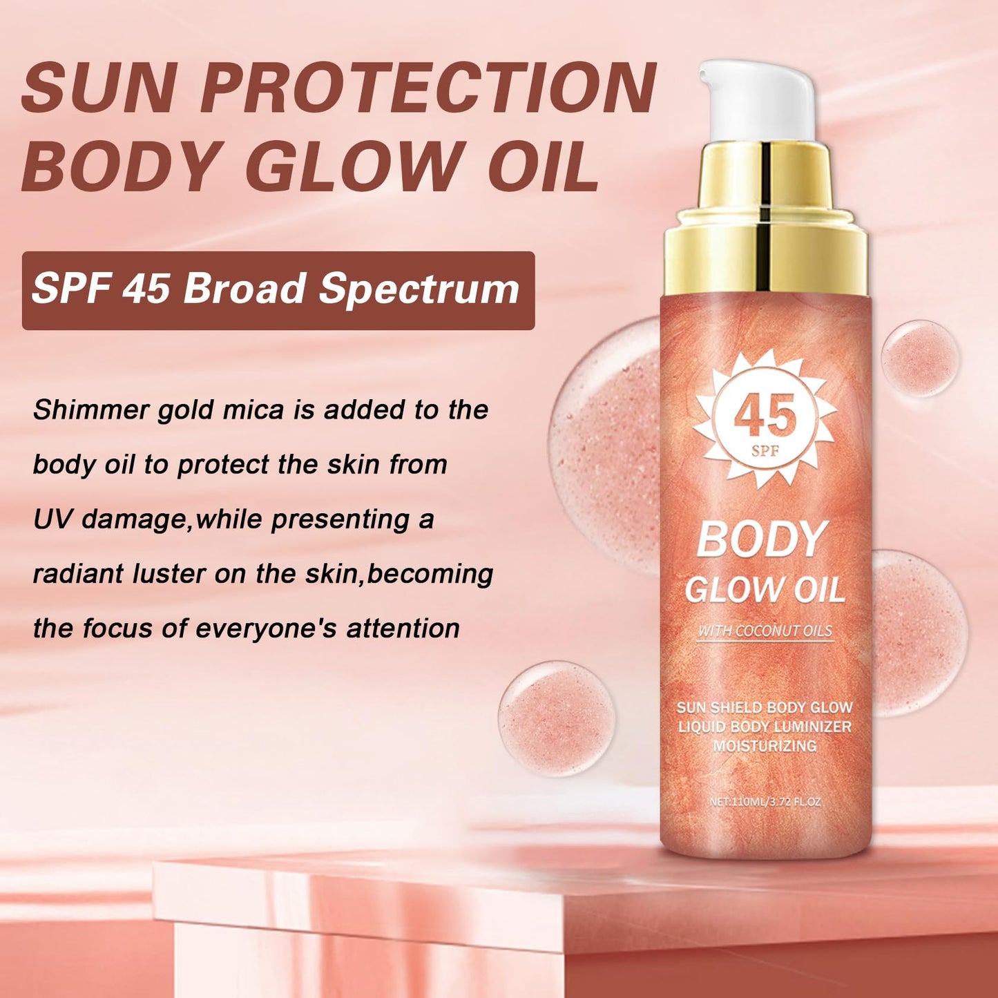 QIUFSSE Body Glow Oil,SPF 45 Broad Spectrum,Body Oil Shimmer Sunscreen with Rose Gold Mica,Lightweight Non-Sticky,Moisturizing C