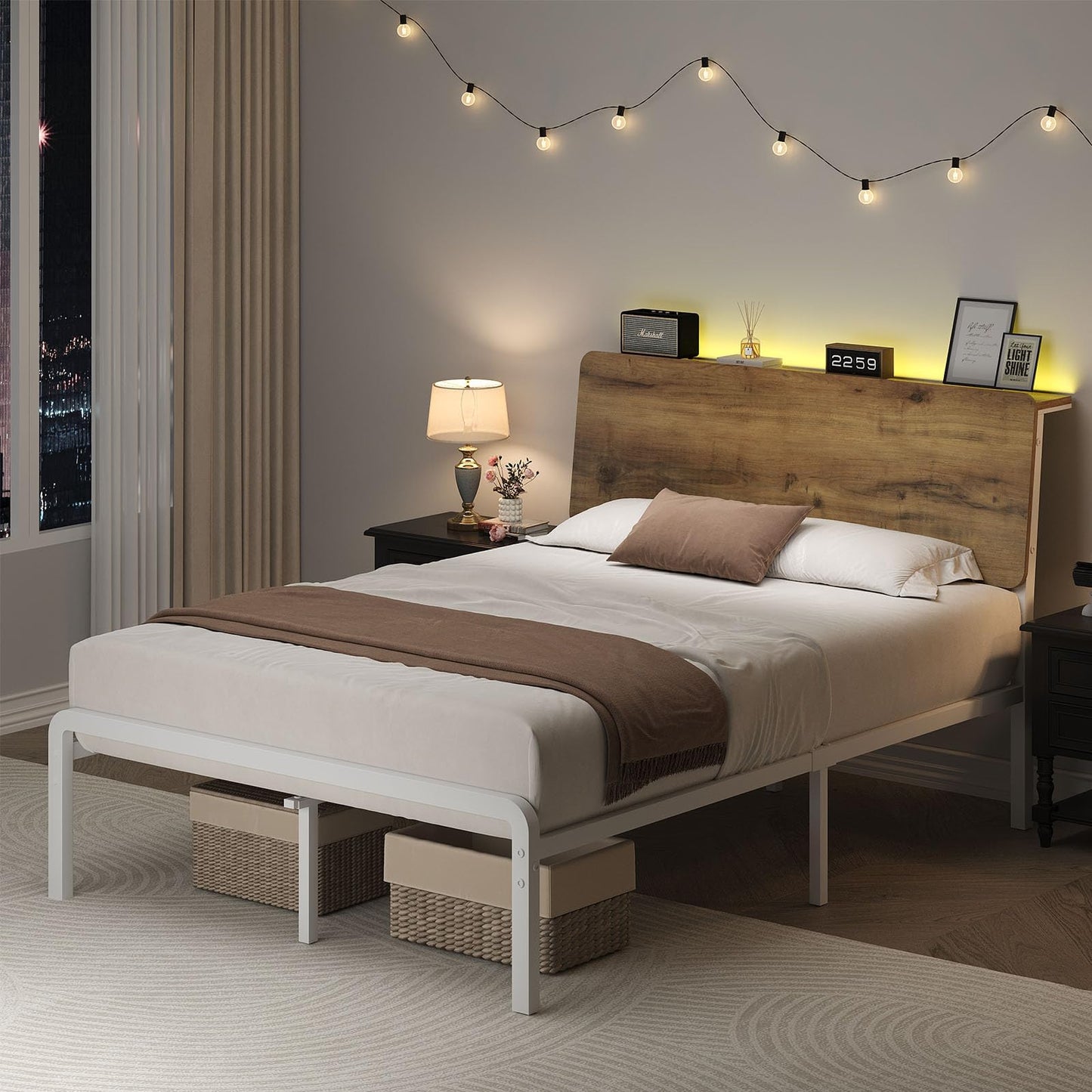 MaverickFurni Full Bed Frame, LED Bed Frame with Storage Headboard, Metal Platform Bed Full Size, Heavy Duty Metal Slats, No Box Spring Needed, Easy Assembly, White and Walnut