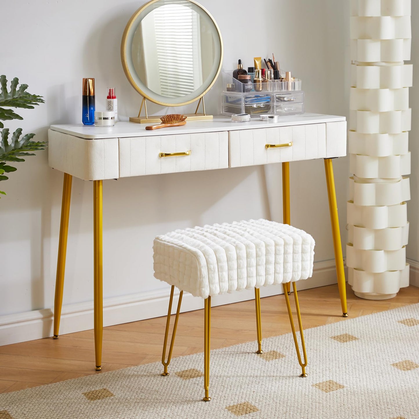 IBUYKE Rectangular Footrest Stool Ottoman, Makeup Vanity Stool Side Table, Velvet Dressing Table Seat, Footstool Chair, Golden Steel Legs, for Makeup Room, Bedroom, Square Grid Pattern, White WBD003W