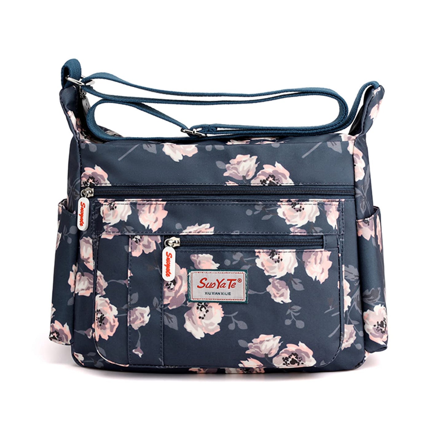 Wafybsre Cross-body Bag Women's Multi Pocket Nylon Messenger Bag Shoulder Bag Lightweight Travel Handbag (Monthly rose)