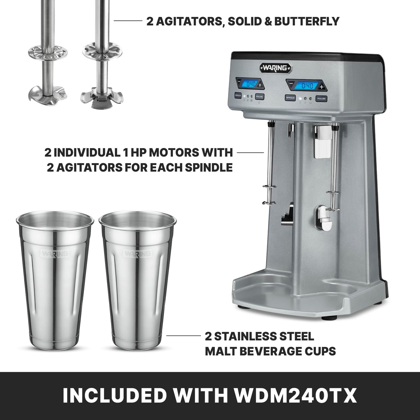 Waring Commercial WDM240TX Heavy-Duty Double Spindle Drink Mixer, Each Spindle Has Independent 1hp Motor, with Countdown Timer, Digital Display, Automatic Start/Stop, 120V, 5-15 Phase Plug, Silver