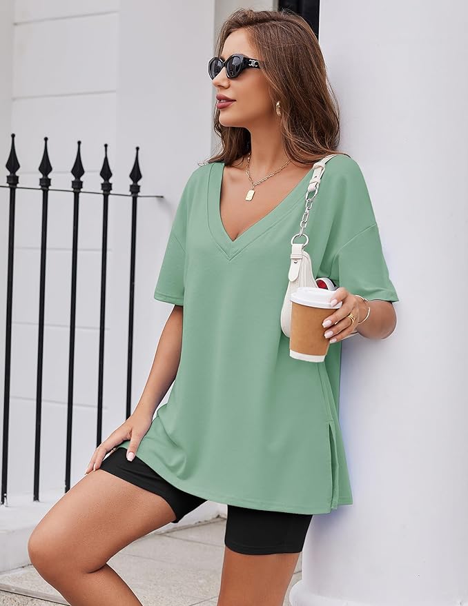 Ekouaer Womens Pajamas 2 Piece Lounge Sets Oversized V Neck T-Shirts Tops Biker Shorts Set Workout Reversible Tracksuit S-XXL