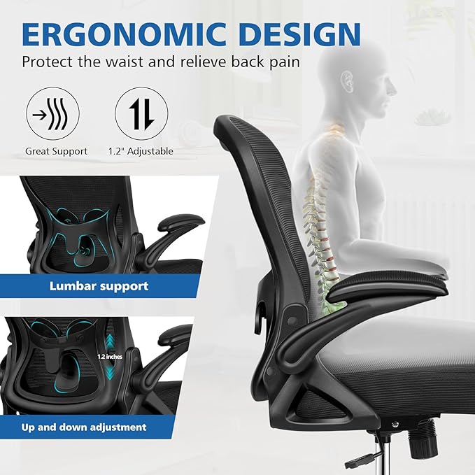Winrise Office Desk Chair, Ergonomic Breathable Mesh Computer Chair Home Office Desk Chairs with Adjustable Lumbar Support & Flip-up Arms (Black, 4 Pack)