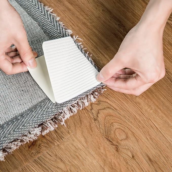 4PCS Rug Pad Grippers, Non Slip Rug Tape Grip Carpet Corner for Hardwood Floors and Tiles, Double Sided Rug Stickers Accessories for Area Rugs to Keep Area Rug Flat