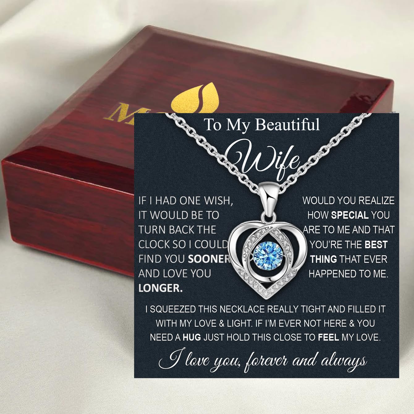 Wife Necklace From Husband To My Wife Necklace Soulmate Necklace For Women Future Wife Jewelry Birthday Gifts For Girlfriend Message Card and LED Box (Heart 03B-Wife Wooden LED Box, 925 Sterling Silver)