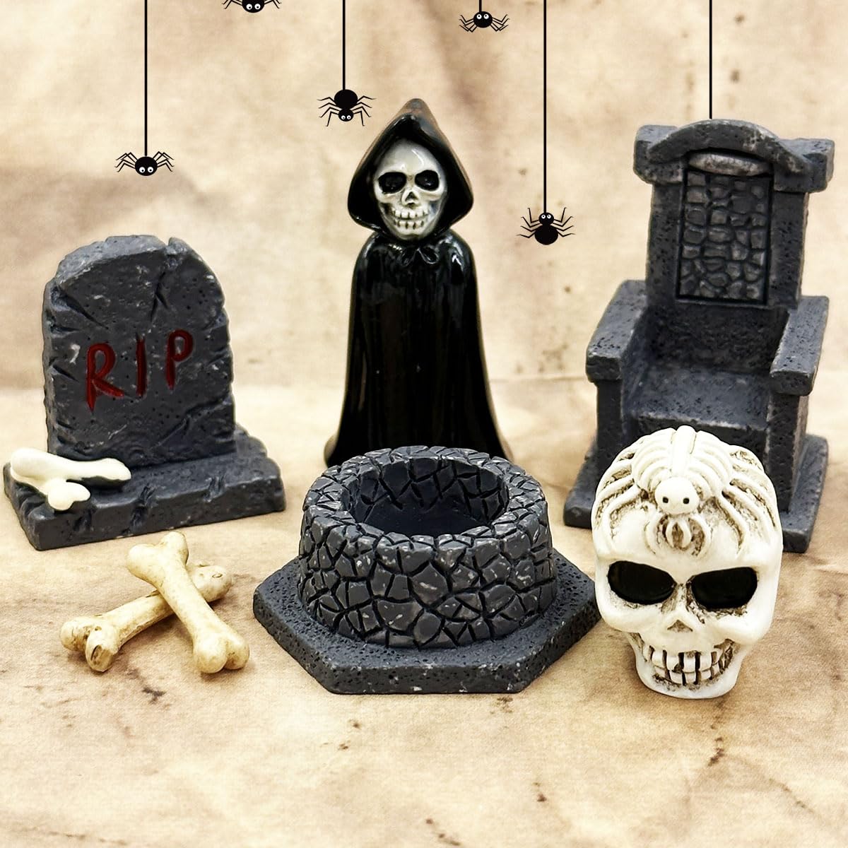 Halloween Miniature Figurines - 18Pcs Resin Ghost Tombstones Skull Heads Scene Ornaments Halloween Garden Accessories Mini Figurine Decorations for Outdoor Statues Home Village Crafts Decor