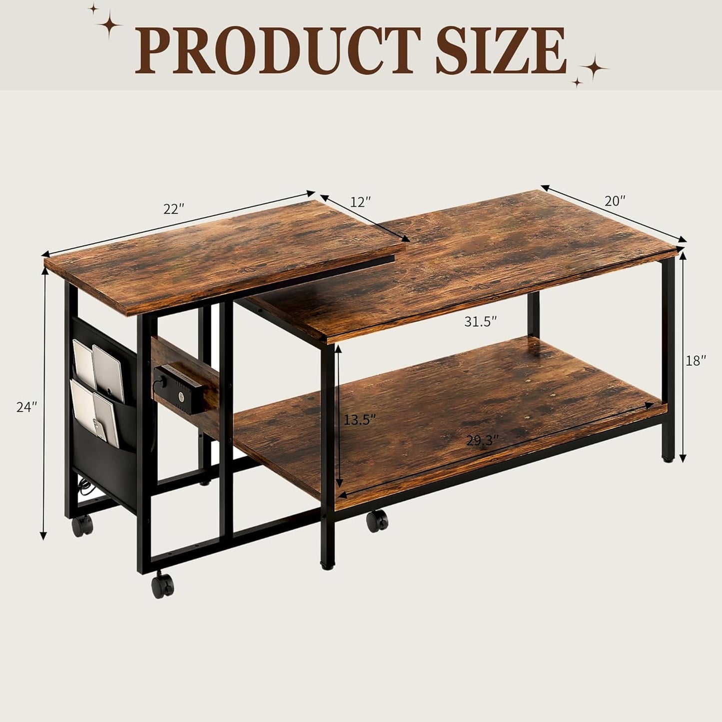 VECELO Coffee Table, Adjustable Coffee Table Set of 2 with End Table for Living Room, Nesting Table with USB Ports and Wheels, Modern & Industrial for Bedroom，Apartment, 31.5" and 20"，Rustic Brown
