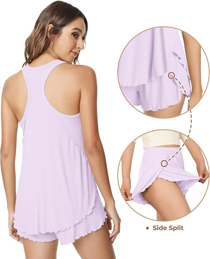 NACHILA Pajamas for Women-Viscose from Bamboo, Ribbed Racerback Tank Top Sexy Split Shorts Pajama Sets Cooling Sleep Cami Pjs
