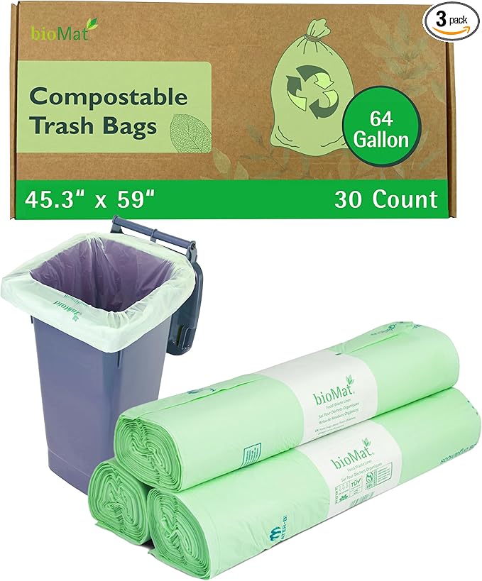 bioMat 64 Gallon Compostable Compost Liners, 30 Count, Extra-Large Compost Bags for Bins, BPI & CMA and ASTM D6400 Certified, Eco-Friendly Liners for Food Waste