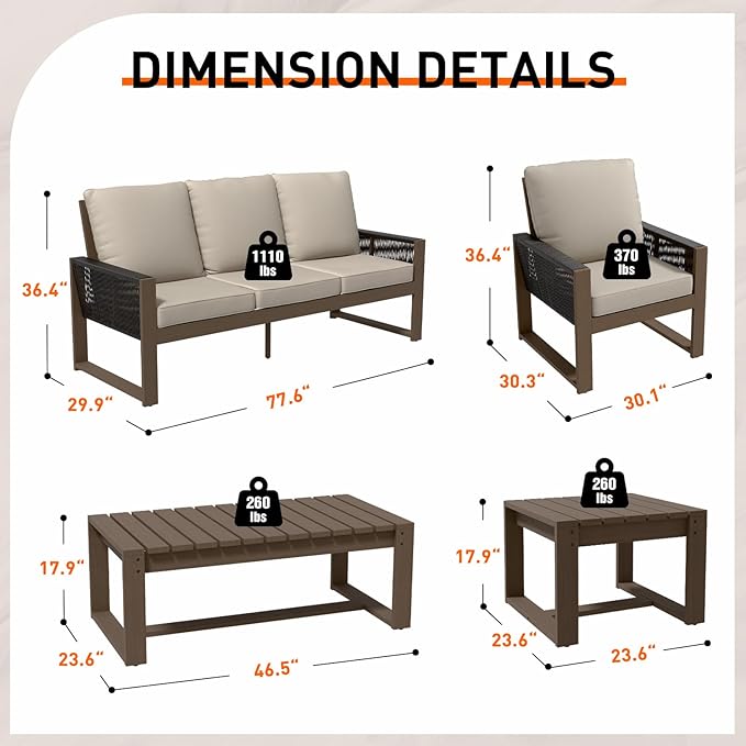 INTER HUT Rustic Hideaway Natural Cedar Wood Outdoor Furniture Set, Wicker Patio Conversation Set for Porch Garden Backyard, Couch, 4 Patio Chairs, Tables, 7 Piece, Brownish/Beige