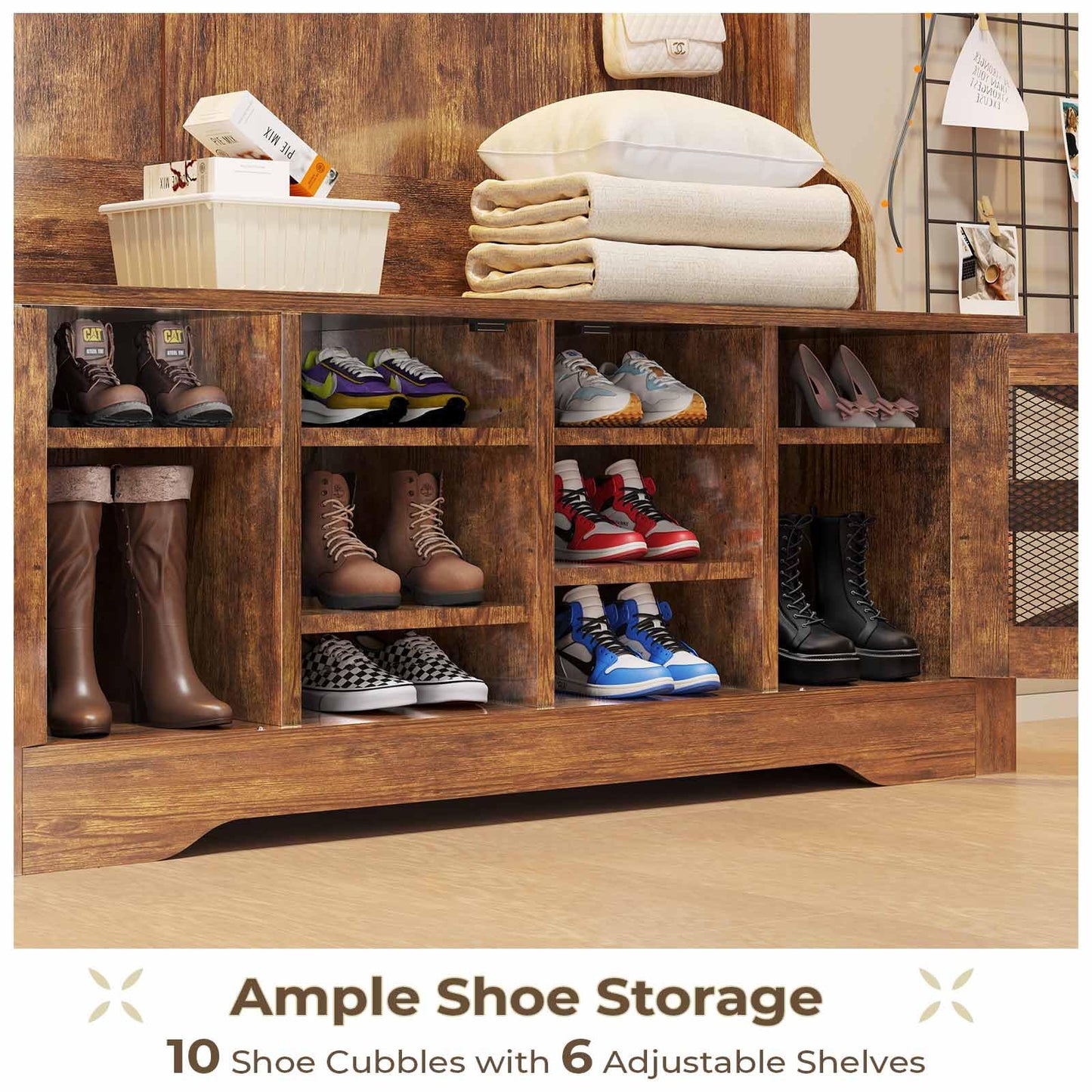 Itaar Hall Tree with Bench and Shoe Storage, 5-in-1 Entryway Bench with Coat Rack, 10 Shoe Cubbies & 9 Coat Hooks, Barn Door & Adjustable Shelf (Rustic Brown)