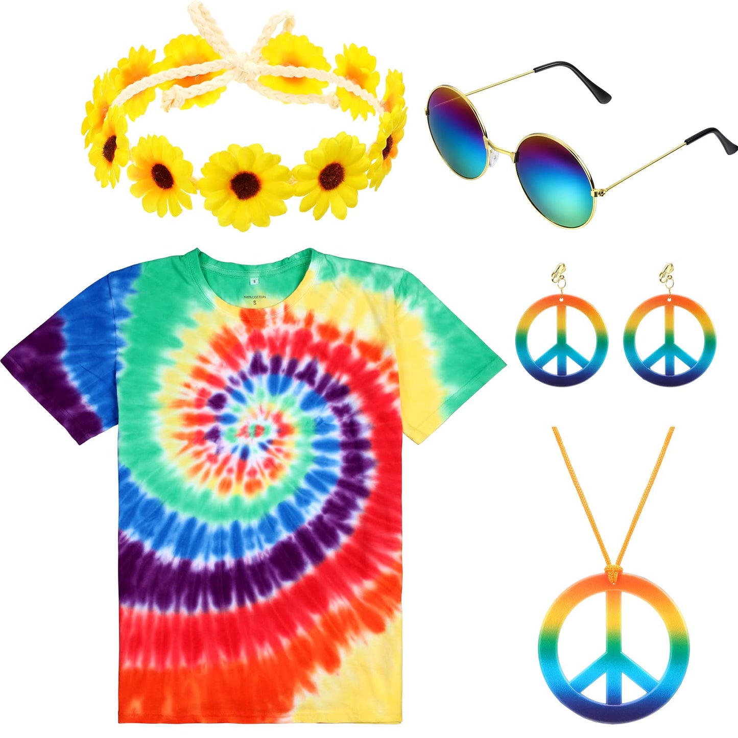 Vabean Halloween Carnival Party Hippie Costume Set Tie Dye Shirt Rainbow Peace Sign Necklace Earring Headband for Halloween