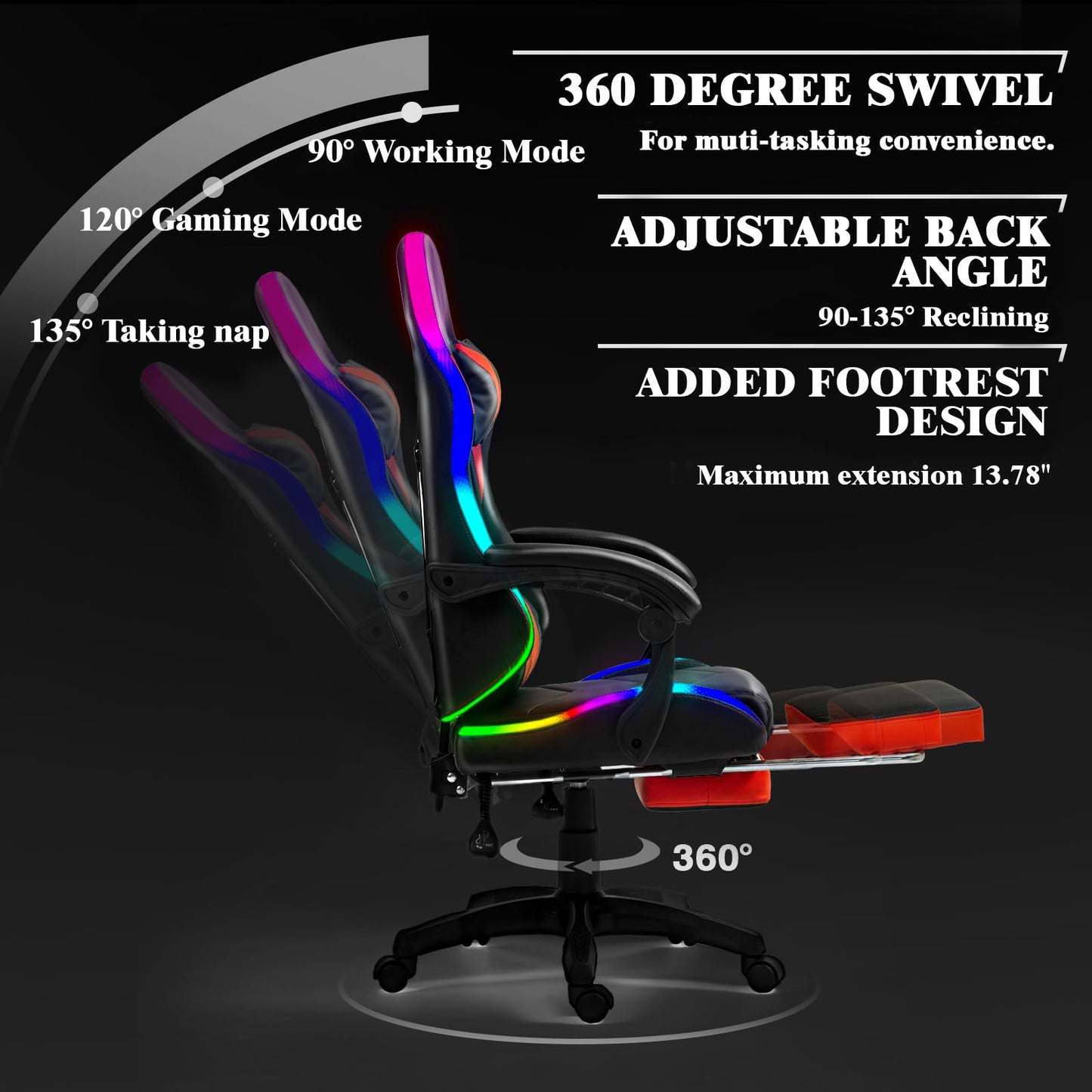 Czlolo Gaming Chair, Racing Style RGB LED Lights Gaming Chairs for Adults and Kids, Lumbar Massager Gamer Chair, High Back Reclining Computer Chair with Footrest and Headrest (Black/Red)