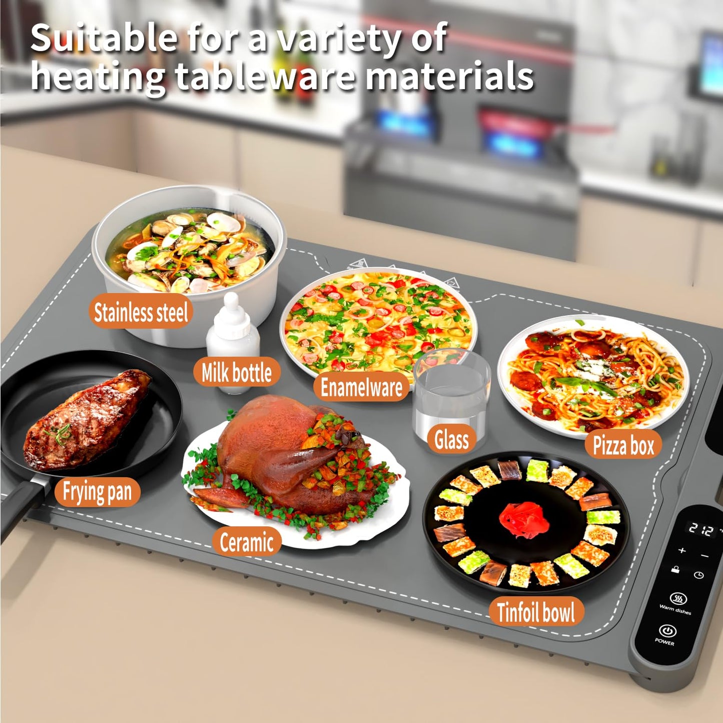 Electric Warming Tray&Food Warming MatFast Full Surface Electric Warming Tray with 7 Temp-Settings & 8H Timer, Portable Roll Up Food Warmer for Gatherings (Grey, 24''X15'')