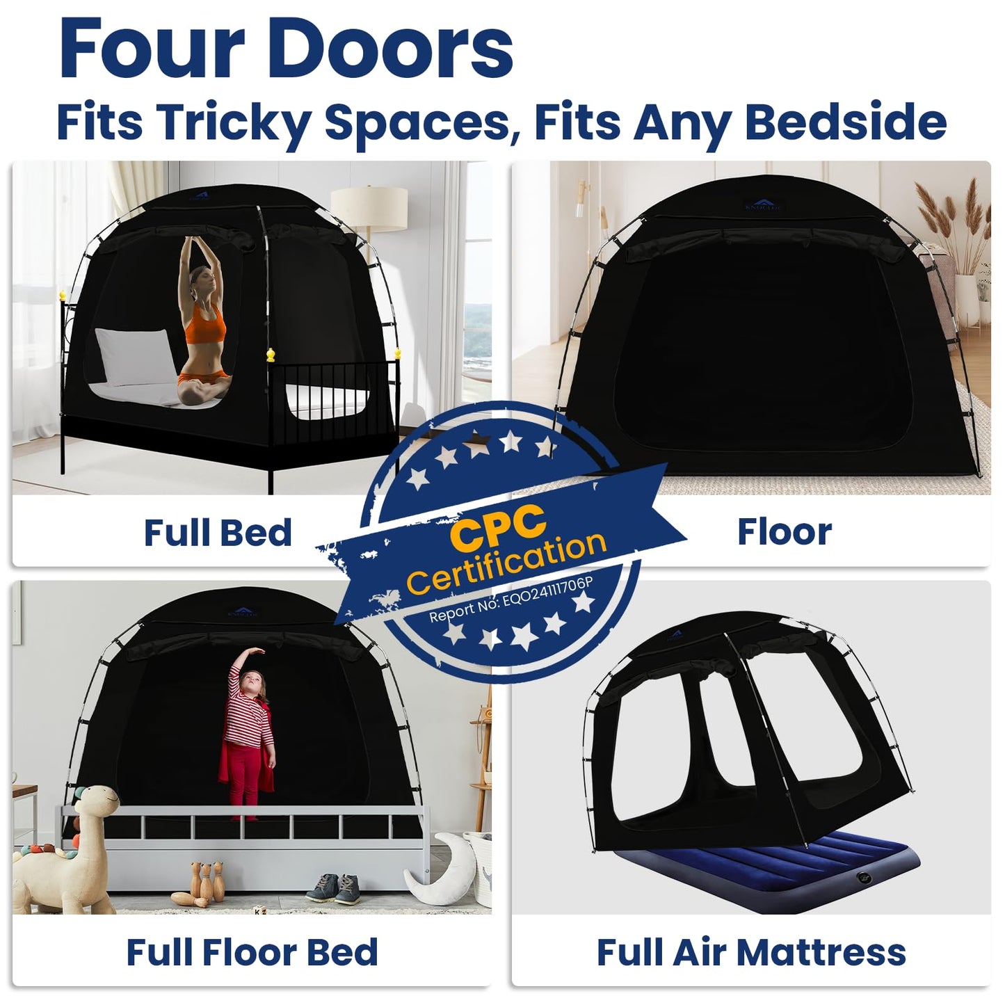 KNOCLOC Blackout Bed Tent Full Size for Kids & Adults Sleeping, CPC Certified Bed Canopy with 4 Doors & Large Top Vent for Privacy Protection & Room Sharing(Black, Full)