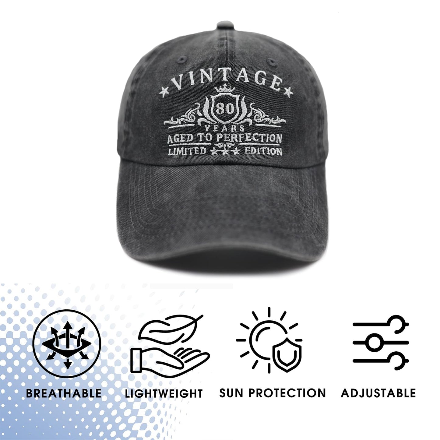 Zxgnreo 80th Birthday Gifts for Men Cotton Baseball Cap Retro Adjustable Dad Hats Birthday Gifts for Men and Women