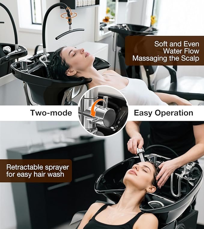 SyyBhb Shampoo Chair and Bowl for Salon, Head Spa Waterfall and Sprayer, Tilting ABS Bowl, Distance Adjustable Seat, Barbershop Spa Equipment