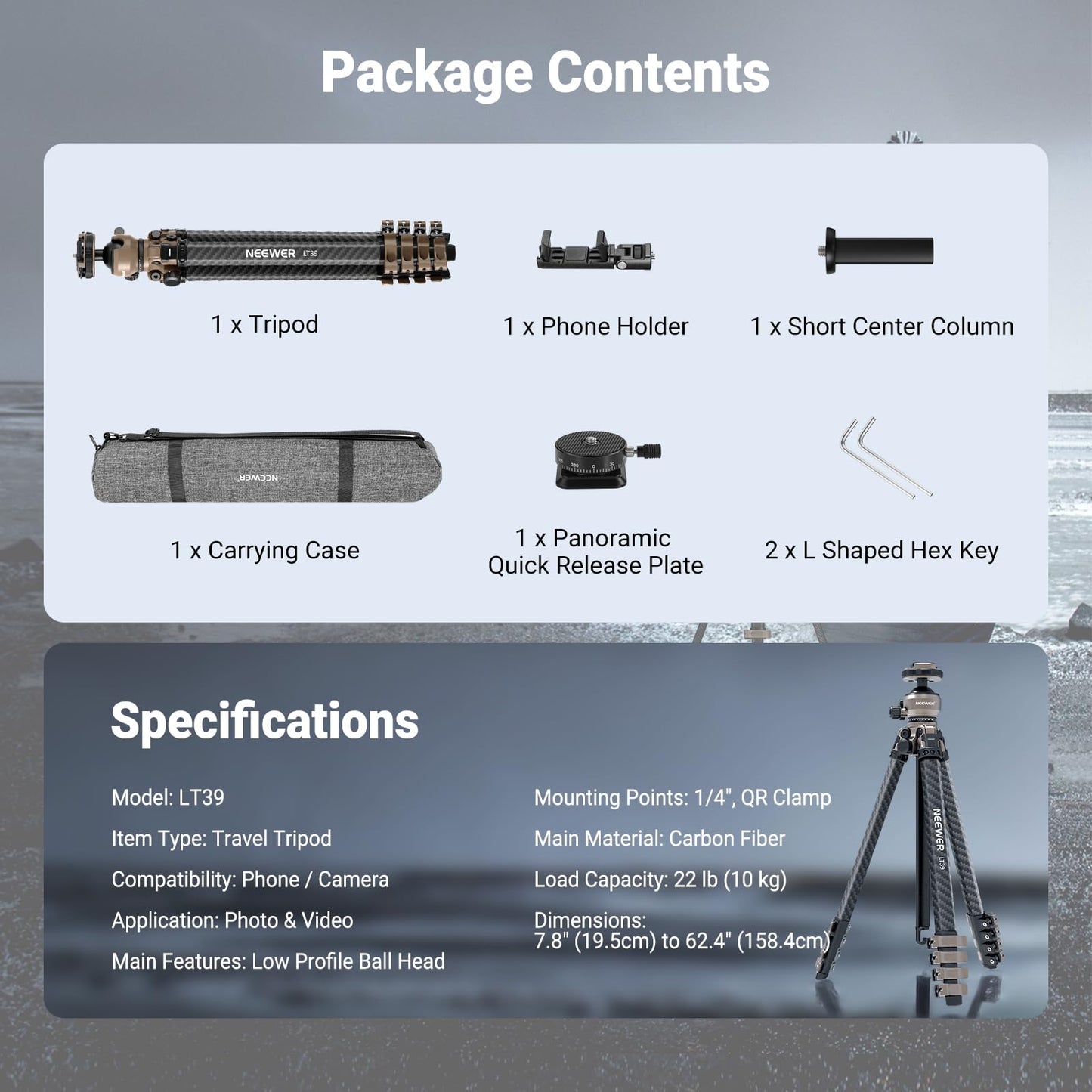 NEEWER LITETRIP Carbon Fiber Travel Tripod with Pan Tilt Low Profile Ball Head,62.4" DSLR Camera Phone Holder Stand Compatible with PD V3 Plates iPhone, 2 Center Columns,Max Load 22 lb, LT39