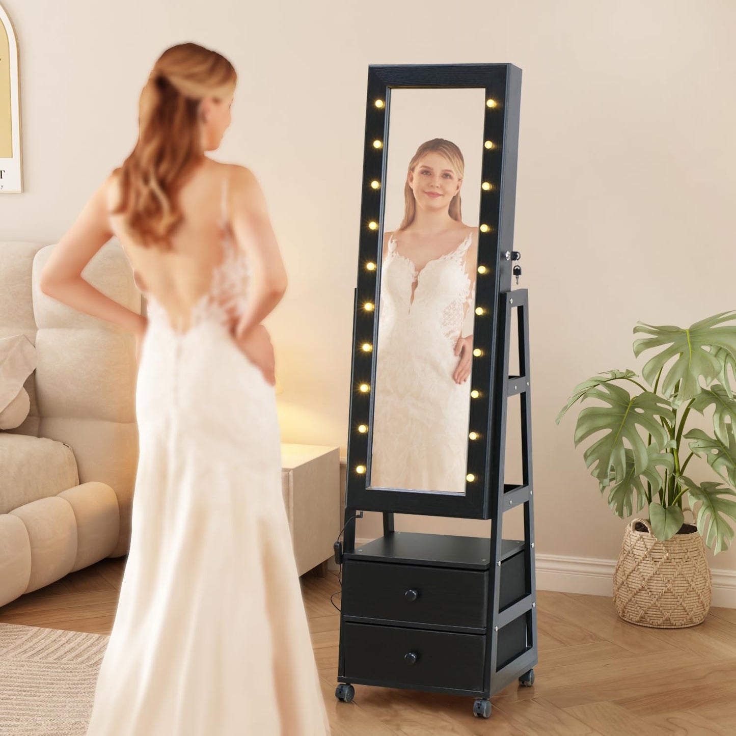MASMIRE Jewelry Armoire Cabinet Organizer Standing with 20 LED Lights Lockable Full Length Mirror with Storage Shelves and 2 Drawers (Black) Adjustable Tilt Angles Gift for Her
