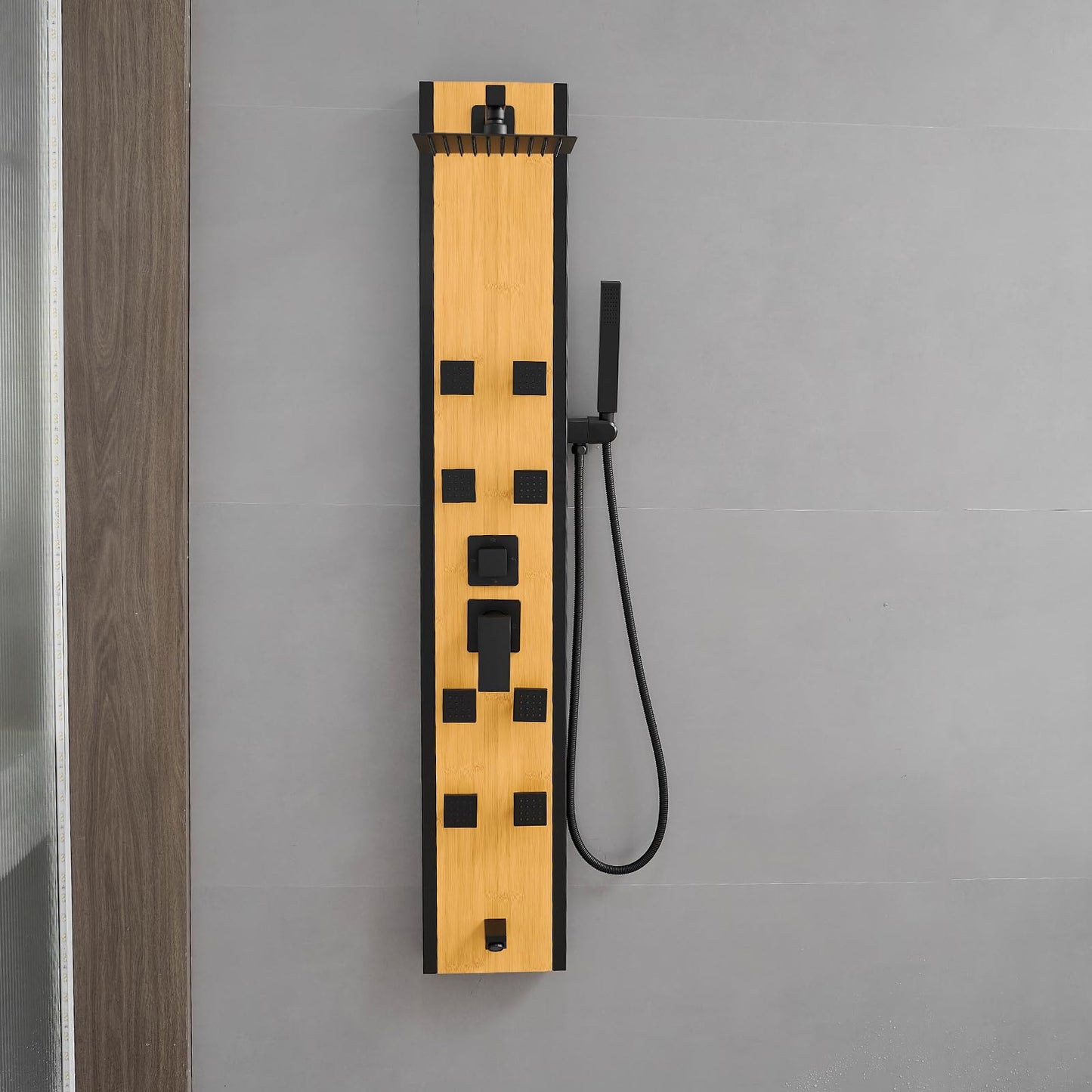BWE Stainless Steel Shower Panel Tower System 8 Jets Multi-Function Shower Panel System Black and Bamboo Panel with Handheld Wand Wall Mount Shower Column
