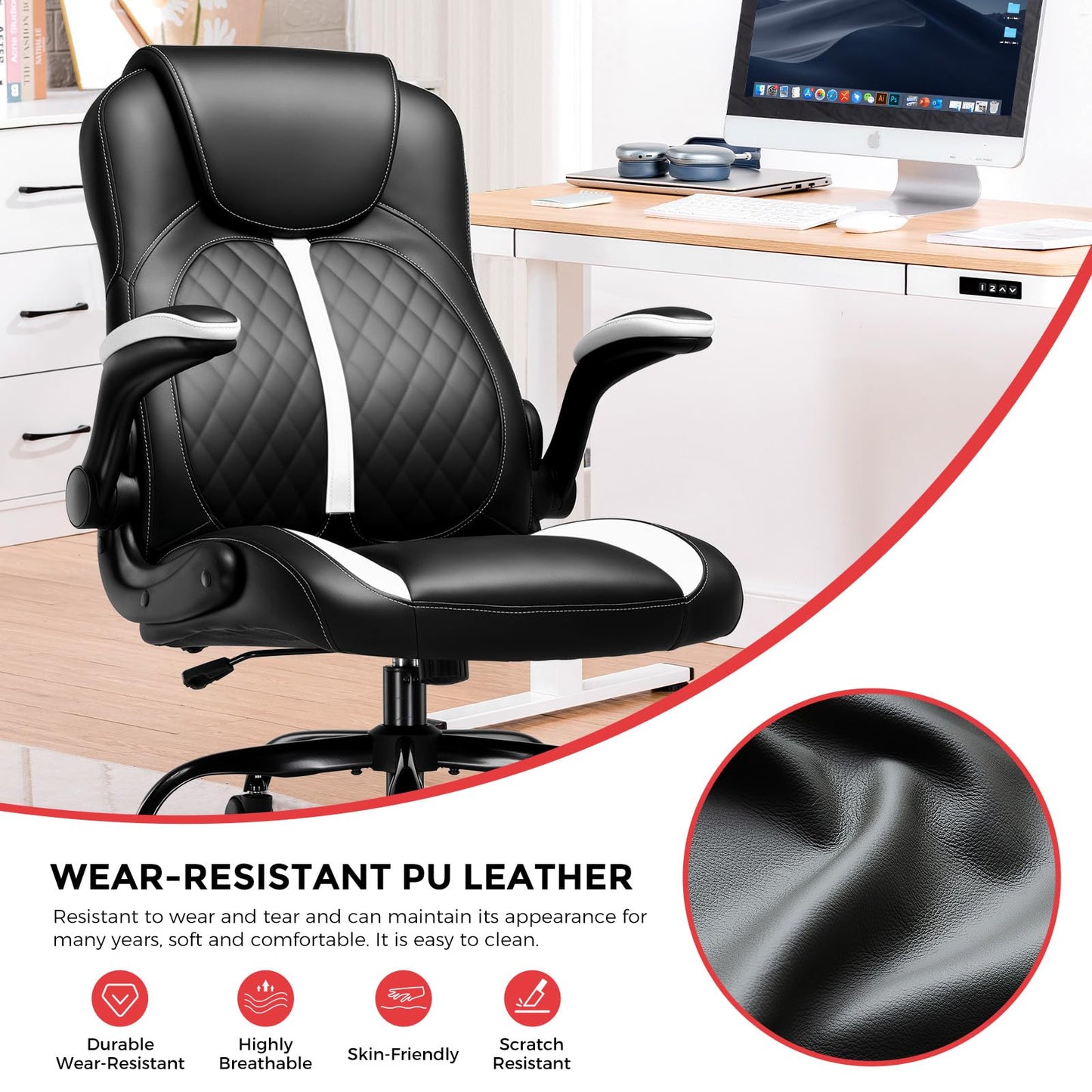 GTPLAYER Office Computer Gaming Chair Ergonomic Desk Chair for Adults with Lumbar Support Flip-Up Arms Adjustable Height Swivel Wheels PU Leather Executive Design for Short People Use, White