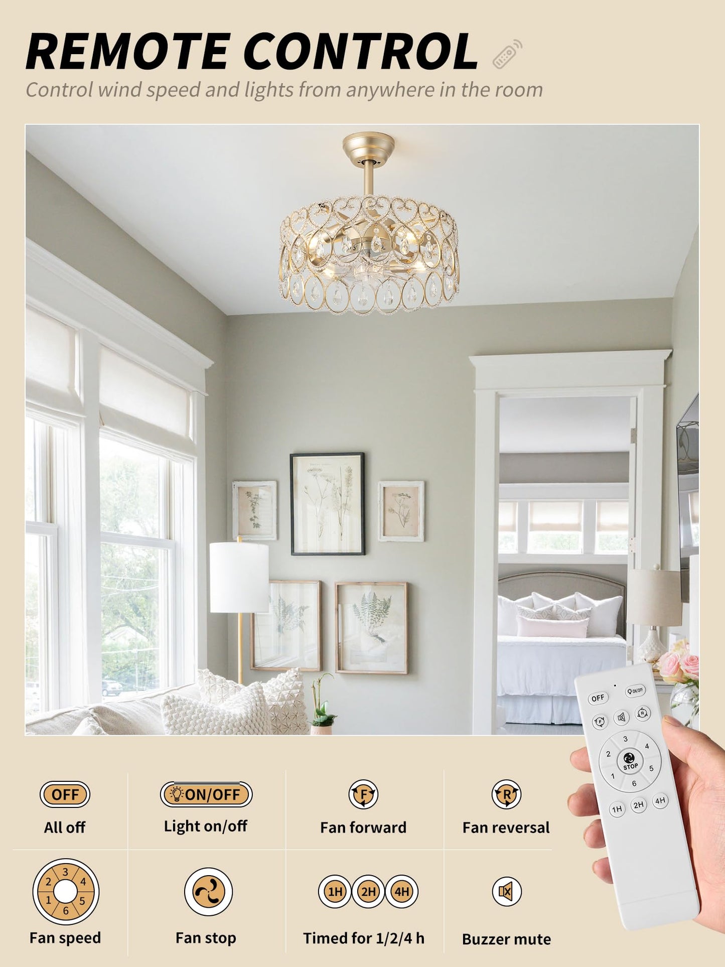 Sydacg 20 Gold Crystal Fandelier Ceiling Fans With Lights, Gold Chandelier Ceiling Fan With Light Remote Control, Mid-Century Mo