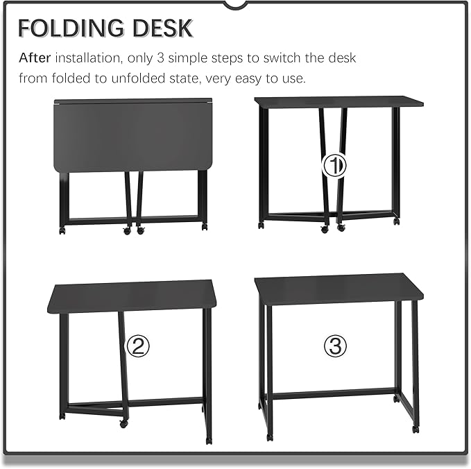 4NM 31.5" Mobile Small Folding Desk, Foldable Rolling Computer Home Office Desk, Study Writing Table for Small Space Saving Bedroom, with Wheels - All Black