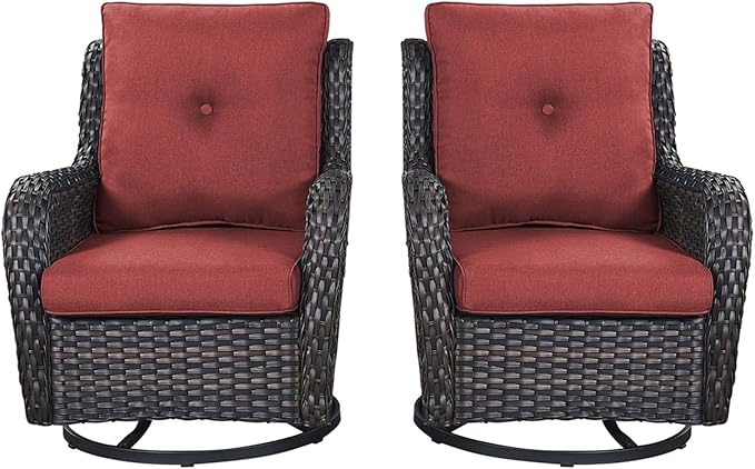 Rilyson Wicker Rocking Chair Swivel Chairs - 2 Piece Rocker Patio Chairs Set Rattan Rocking Chair for Outdoor Porch Deck Garden Backyard (Brown/Red)