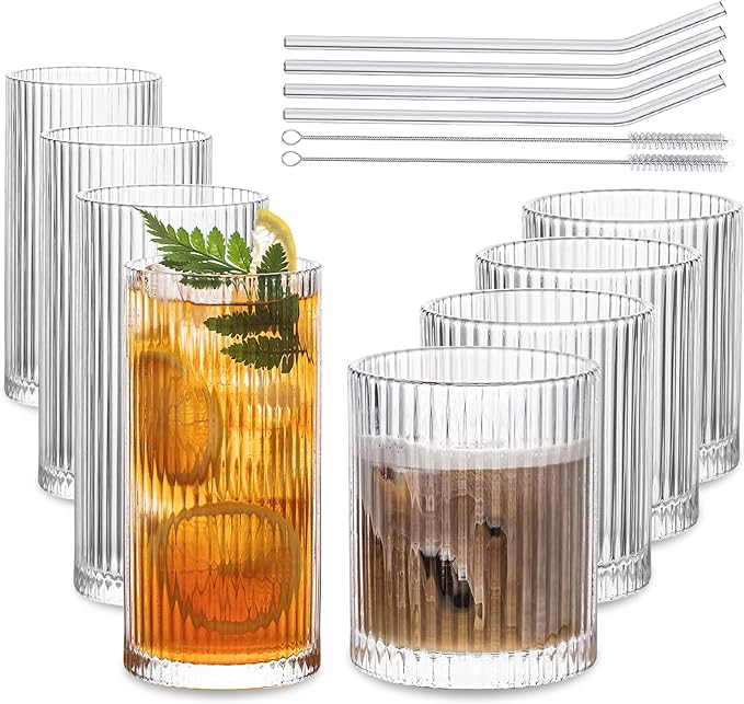 INSETLAN Set of 8 Vintage Glassware - 4 Highball Glasses 12 oz, 4 Rocks Glass Cups 14 oz, Ribbed Glassware Cocktail Glasse...