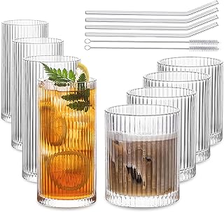 INSETLAN Set of 8 Vintage Glassware - 4 Highball Glasses 12 oz, 4 Rocks Glass Cups 14 oz, Ribbed Glassware Cocktail Glasse...