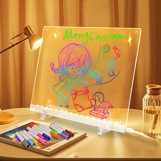 LED Note Board with Colors 12-Color Illuminated Acrylic Drawing Board - Dry-Erase Night Light with Stand for Home/Office/G...