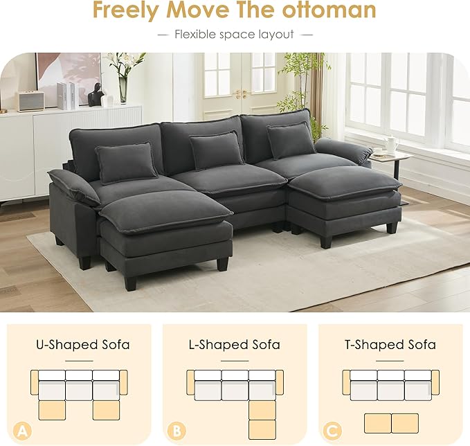 URRED Cloud Couch Modular Sectional Sofa, 122" Modern U Shaped Deep Seat Sofa with 2 Ottomans & Pillows, Ultra Comfy Velvet Couches for Living Room, Bedroom or Apartment, Dark Gray
