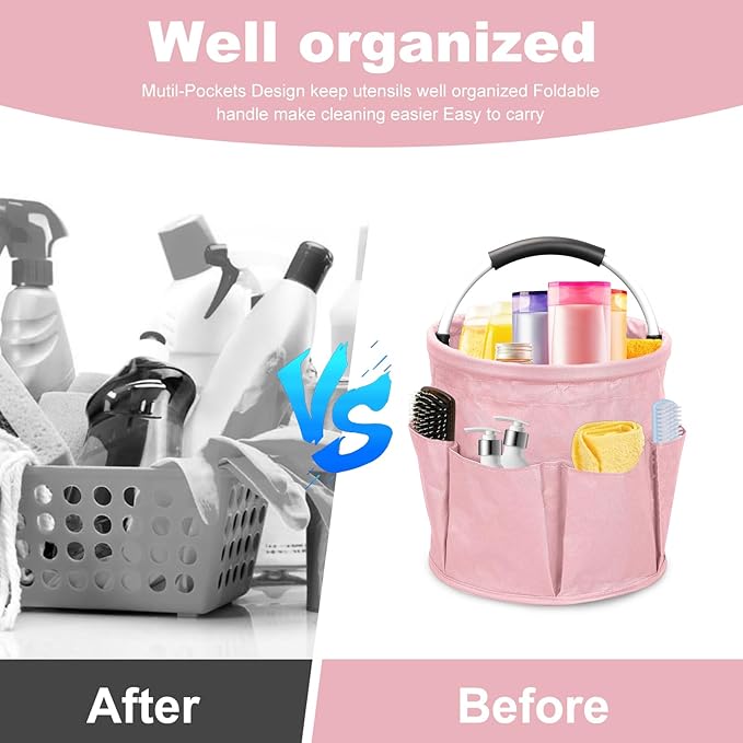 Cleaning Caddy for Cleaning Supplies, 17L Cleaning Supply Caddy with Handle Foldable Cleaning Supplies Organizer Bucket Tool Bag Organizer Cleaning Products Organizers for Home, Garden (Pink)