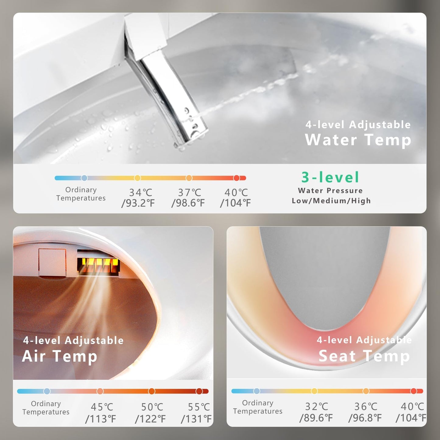 Round Bidet Toilet Seat, Smart Heated Toilet Seat with Warm Water and Dryer, Soft Close Bidet Seat with Adjustable Temperature, Stainless Steel Nozzle