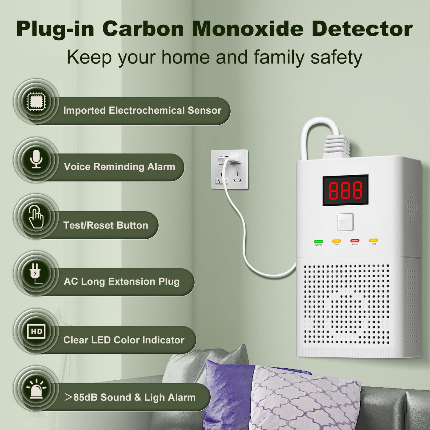 Carbon Monoxide Detector CO Alarm - High-Precision Easy Plug-and-Play Design with Advanced Chip Technology, 85dB Audible Alarm, Clear LCD Display & Sound Alerts for Home, Car, Living Spaces