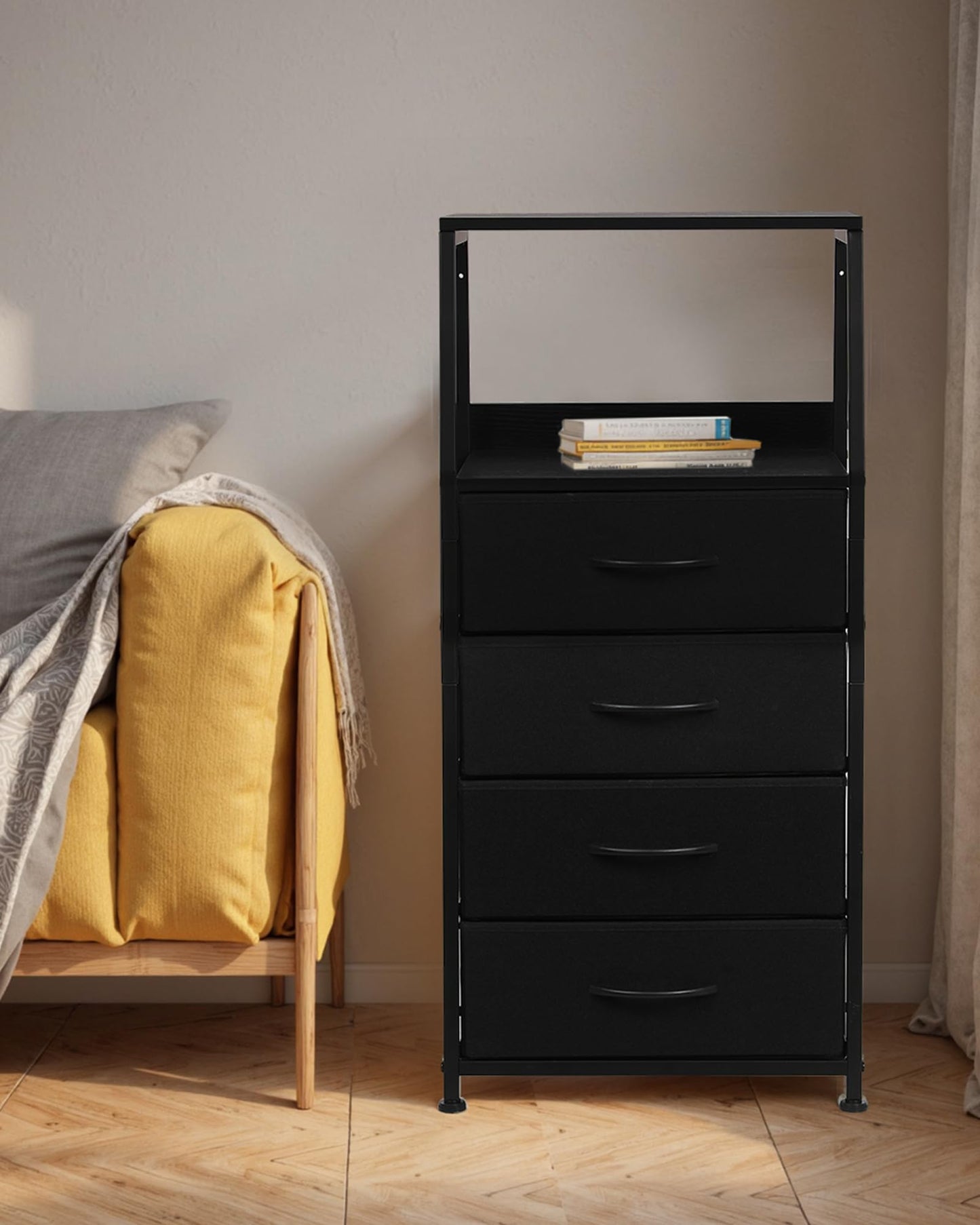 YNCLCS Dresser for Bedroom, Fabric Nightstand Tall Dresser & Chests of Drawers with 4 Drawers, Vertical Organizer Storage Tower Unit for Bedroom, Hallway, Entryway Black