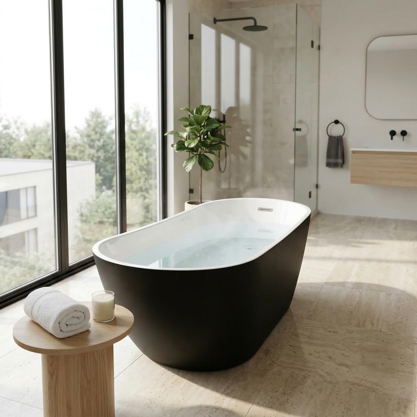 59" Acrylic Freestanding Bathtub, Contemporary Double-Walled Insulated Soaking Tub with Anti-Clog Drain & Overflow, cUPC Certified Heavy-Duty Resin Reinforcement, Black